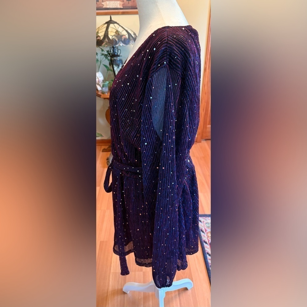 NWT Bloomchic Sequin Mesh Lantern Sleeve Belted Striped Blouse 22-24 Stretch - Picture 5 of 16